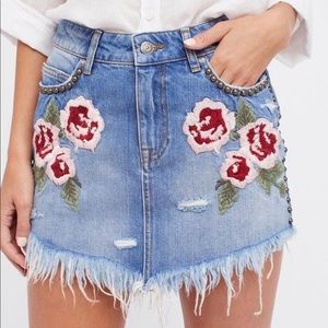 Free People Wild Rose Embroidered Denim Mini Skirt